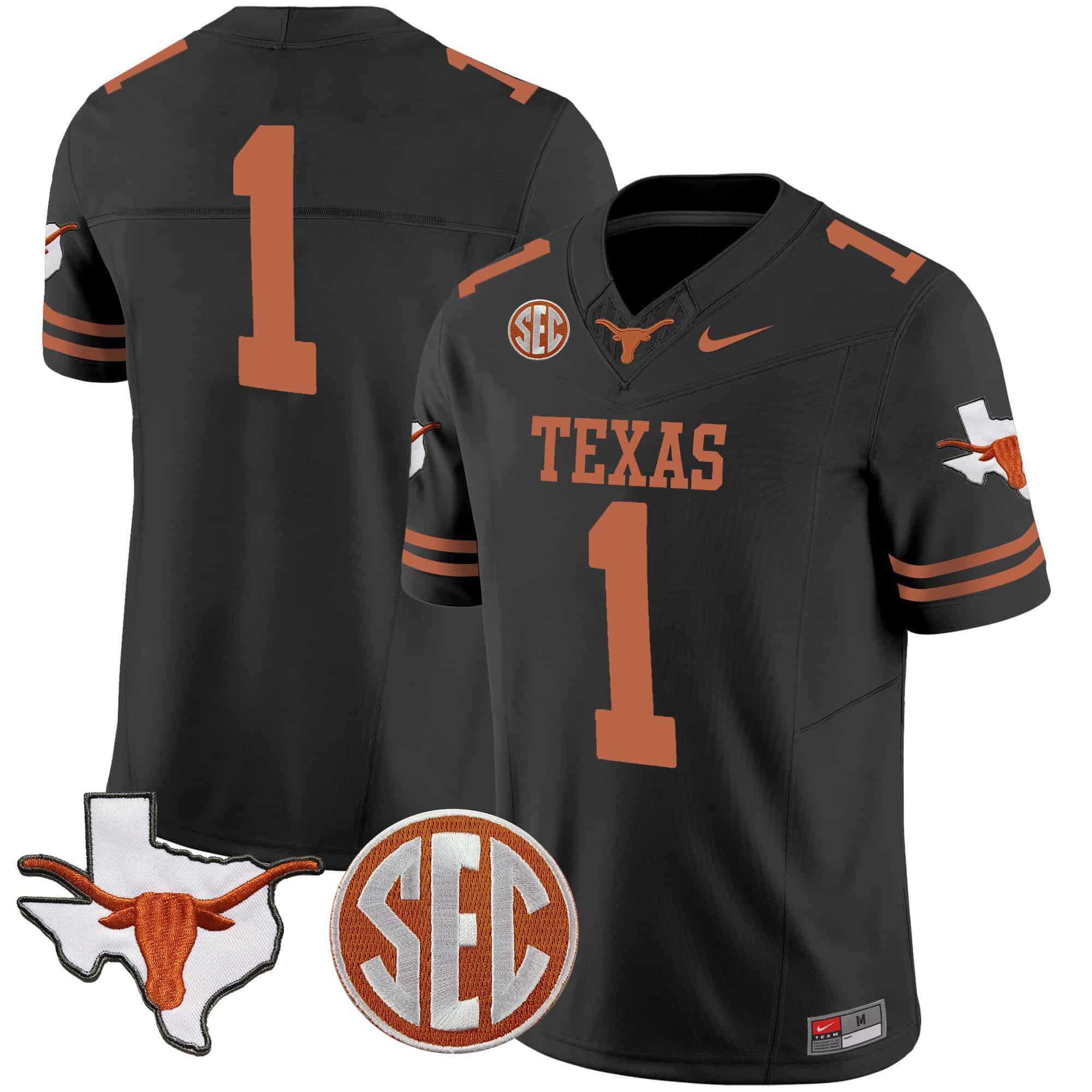 Men Texas Longhorns #1 No Name Black 2024 Nike State Map & SEC Patch Vapor NCAA Jersey style 1